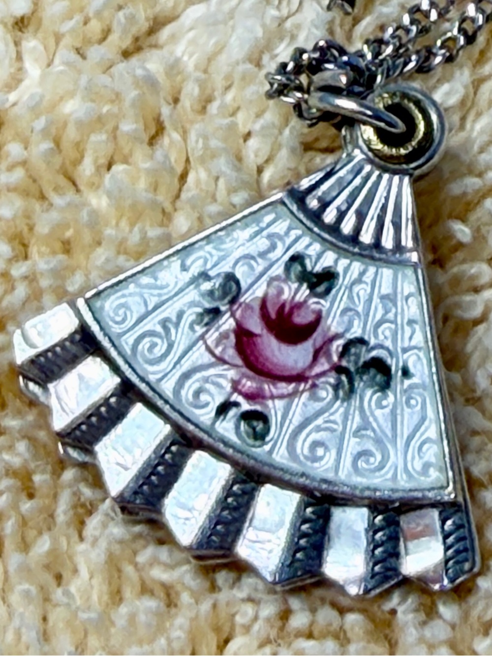 Vintage 925 Guilloche Enamel Rose Slide Hand Fan 4-Way Religious Medal Necklace - Picture 5 of 16